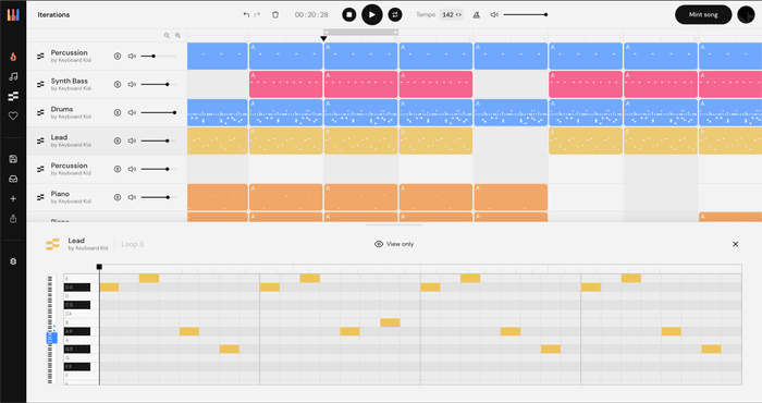 Arpeggi's browser DAW: a multitrack arrangement above a piano-roll editor